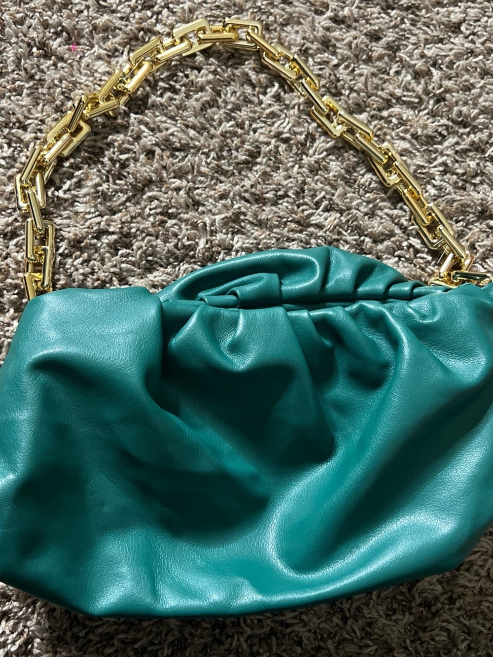 Green Gathered Shoulder Bag with Gold Chain Handle
